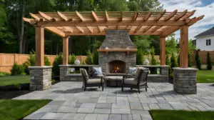 Large gray pergola on pavers with stone fireplace and waterfall