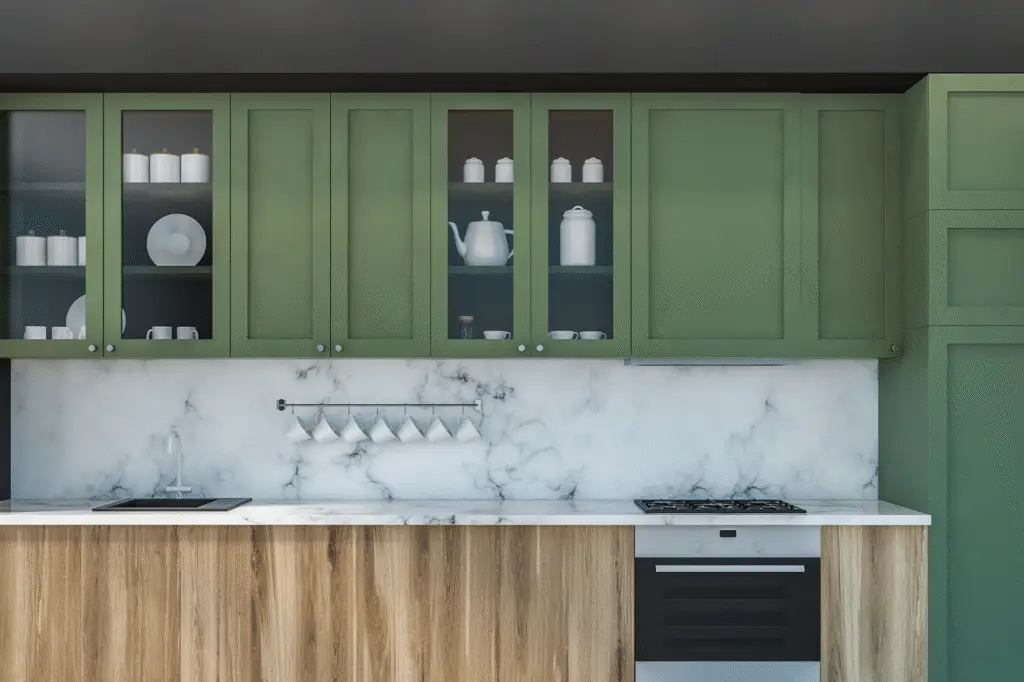A picture of a modern kitchen with green cabinets