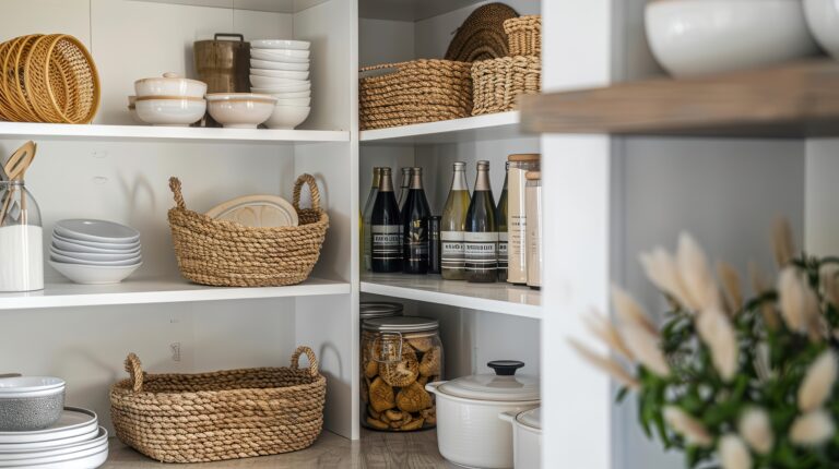 stylish kitchen pantry with organized shelves and woven baskets chic storage solutions interior design photograph