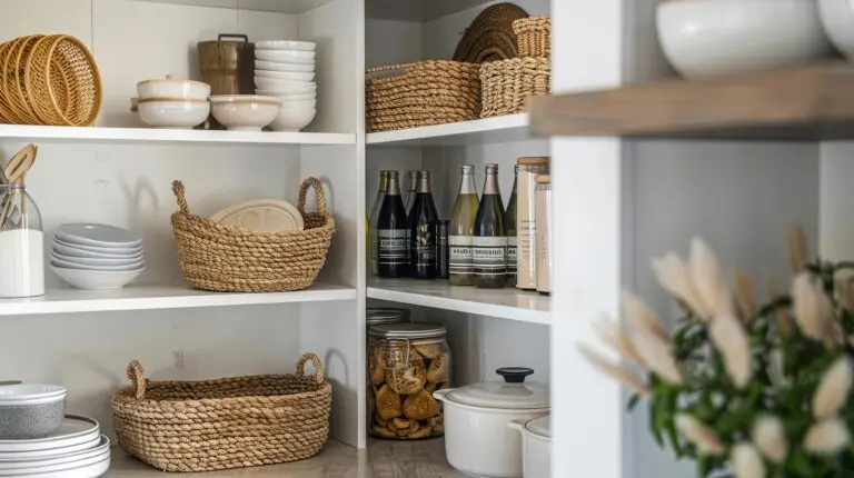 stylish kitchen pantry with organized shelves and woven baskets chic storage solutions interior design photograph