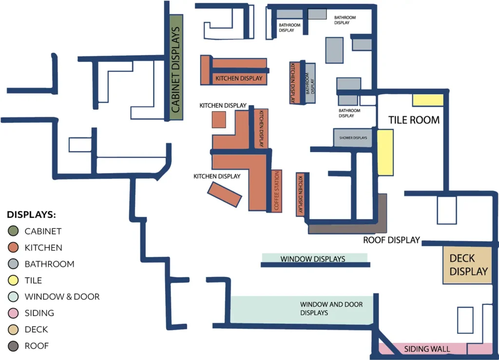 Kaz Design Center showroom map feauring cabinets, kitchens, bathrooms, tile, wondows and doors, siding, decks, and roofing