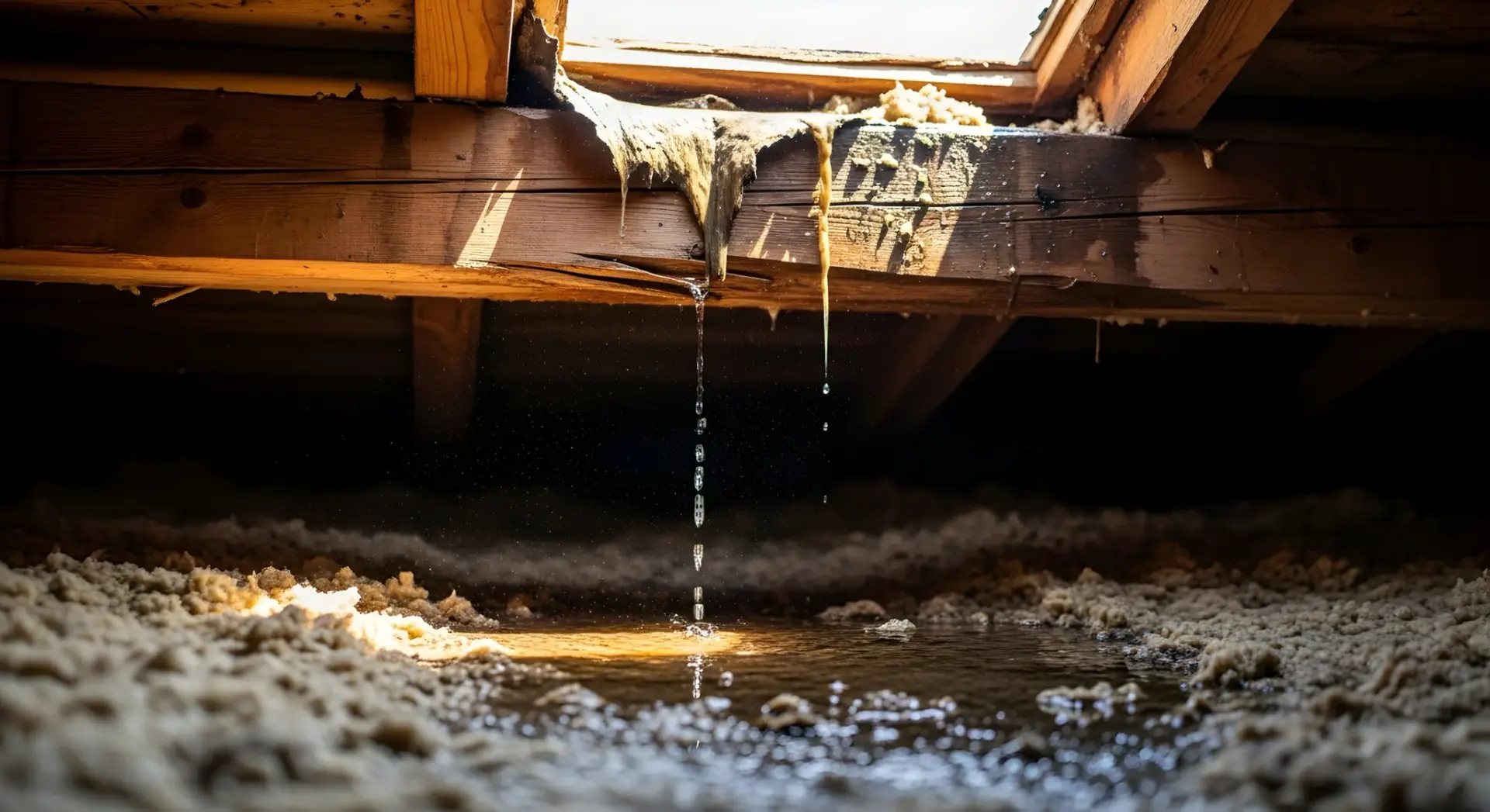 Active water leak dripping from damaged wooden roof beams onto attic insulation