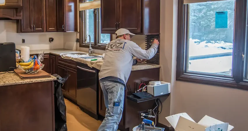 A Kaz craftsman working on tiling the backsplash of a new kitchen renovation