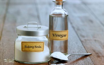 A picture of baking soda and vinegar with a spoon on a counter