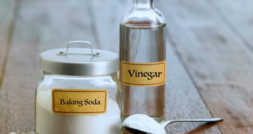 A picture of baking soda and vinegar with a spoon on a counter