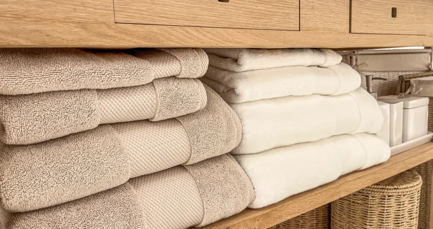 Neatly folded beige and white bath towels stacked on a light wooden vanity shelf in an organized bathroom.