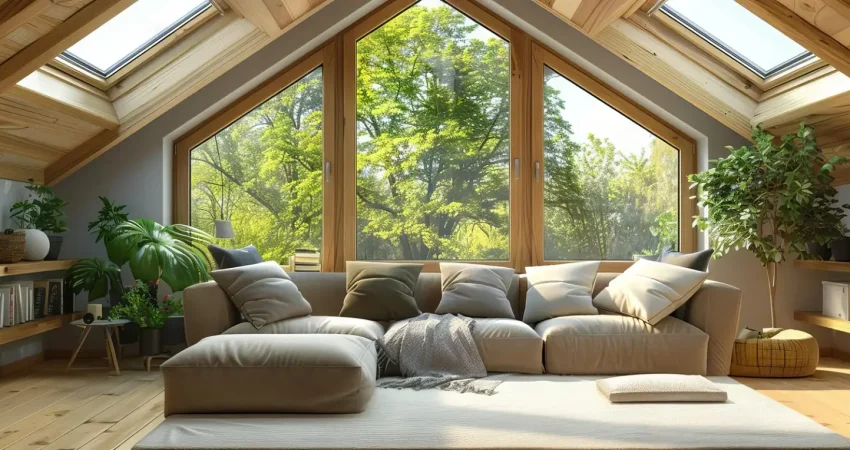 Cozy modern attic living room featuring a beige modular sofa, slanted wood ceilings with skylights, and large window overlooking lush green trees