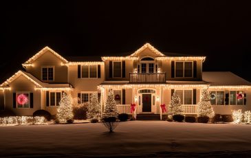 A residential home covered with Christmas holiday lights and decorations