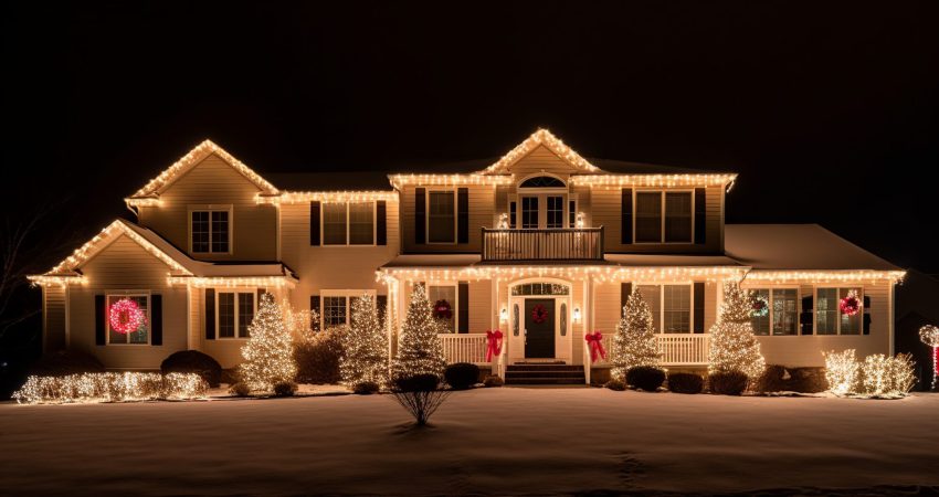 A residential home covered with Christmas holiday lights and decorations