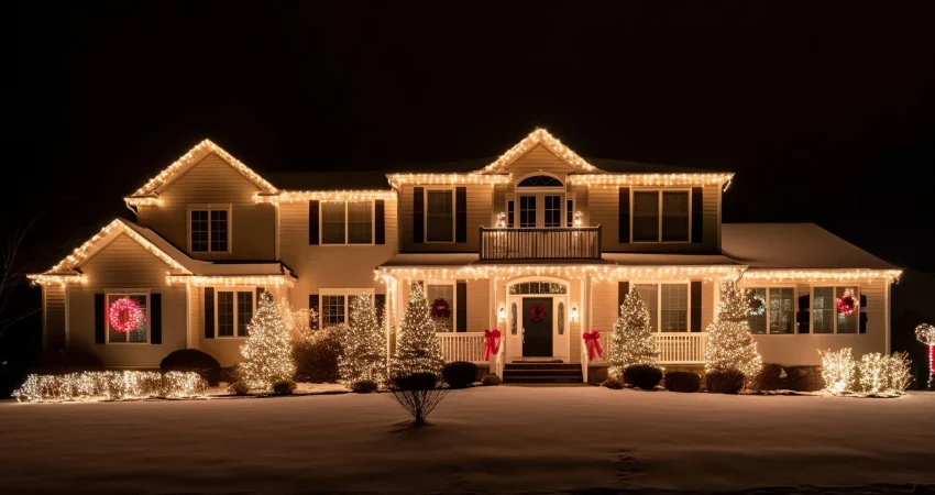 A residential home covered with Christmas holiday lights and decorations