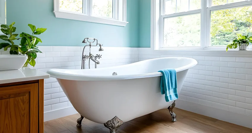 White freestanding clawfoot bathtub with vintage chrome faucet in a light blue bathroom with white subway tiles