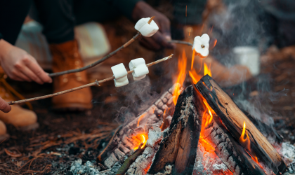 A picture of some hands holding marshmallows on sticks over a hot, smoldering camp fire