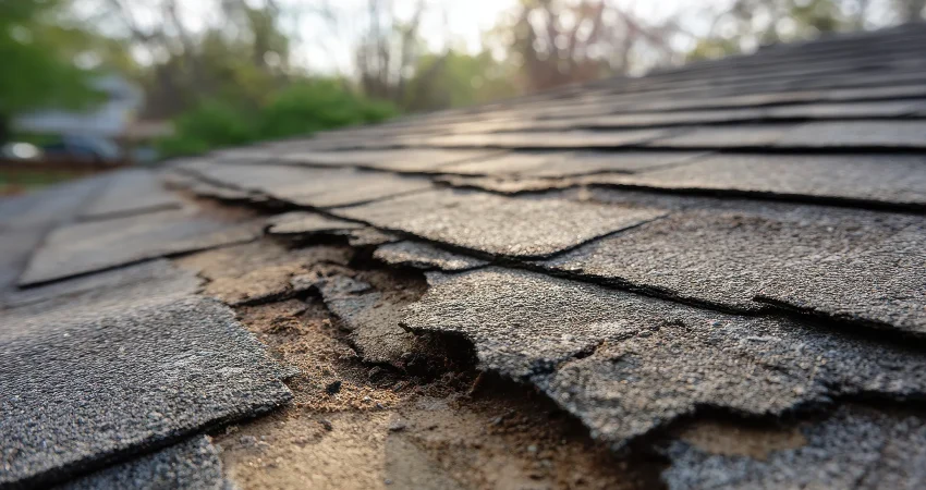 close-up of damaged asphalt roof shingles showing signs of significant wear and deterioration, with cracked and lifted sections exposing underlying layers