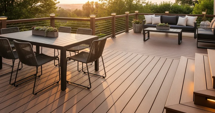 A wide-angle photo of a modern, well-designed composite deck in the late afternoon sun, featuring a distinct dining area with a table and chairs and a separate lounging space with a couch and pillows.
