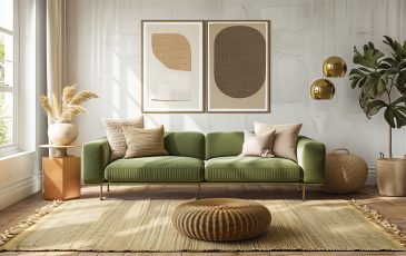 Contemporary living room featuring a sage green sofa, brass accents, and a jute rug Contemporary living room featuring a sage green sofa, brass accents, and a jute rug