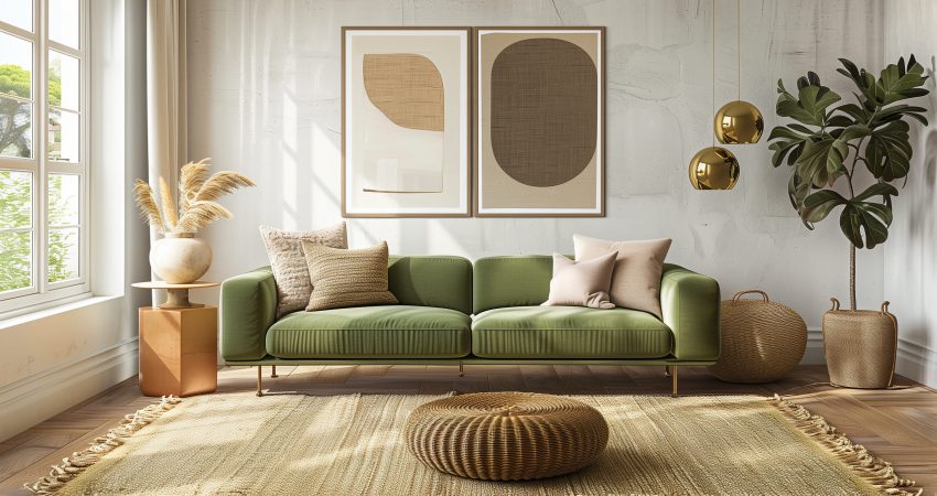 Contemporary living room featuring a sage green sofa, brass accents, and a jute rug