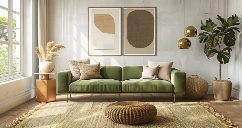 Contemporary living room featuring a sage green sofa, brass accents, and a jute rug