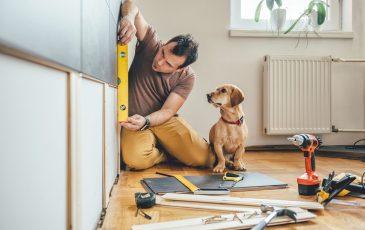 Man doing renovation work at home together with his small yellow dog
