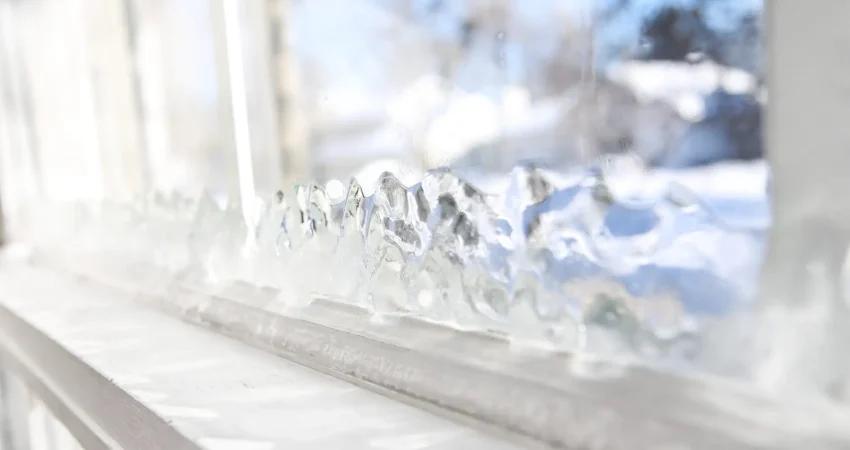 Ice forming on the inside glass of a drafty window in winter