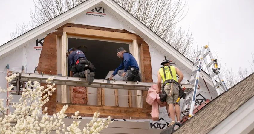 The Kaz exterior crew working on installing a new window