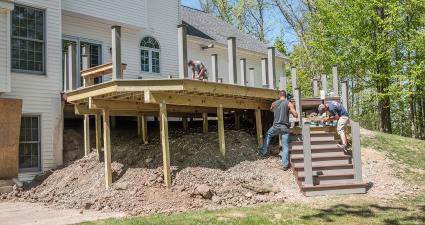 Elevated deck on rear of home, under construction
