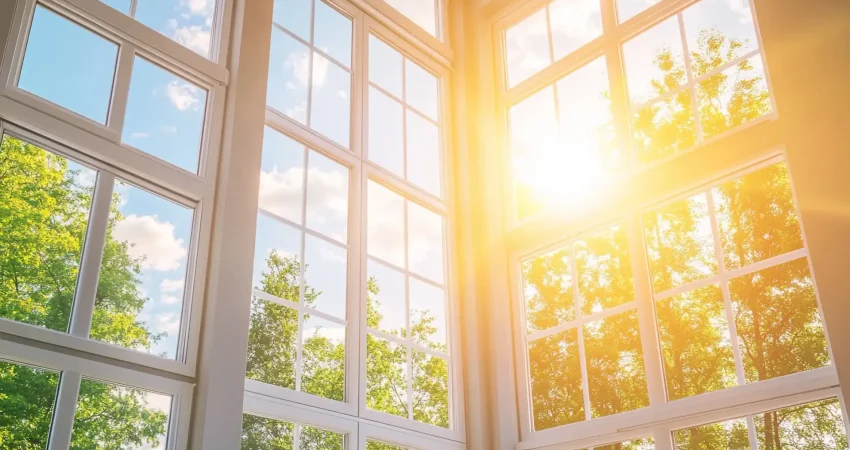 Bright warm sunlight streaming through large white grid windows revealing green trees and a blue sky