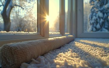 Picture of a warm blanket on a stoop near a window, overlooking a a wintery day outdoors