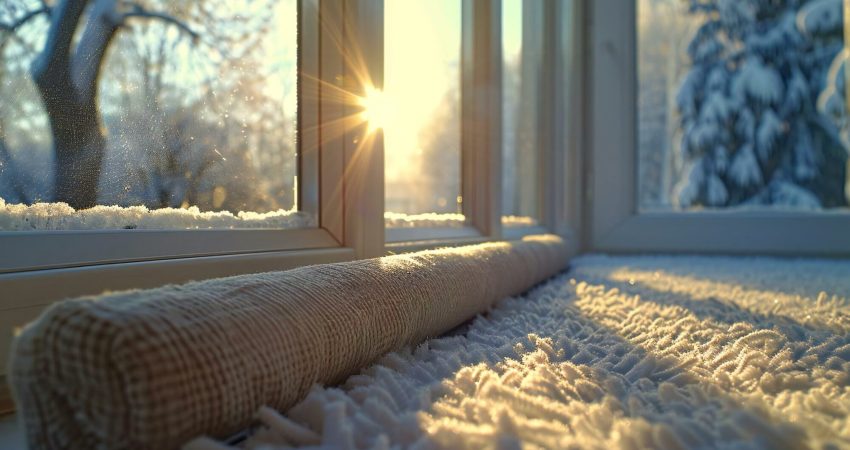 Picture of a warm blanket on a stoop near a window, overlooking a a wintery day outdoors