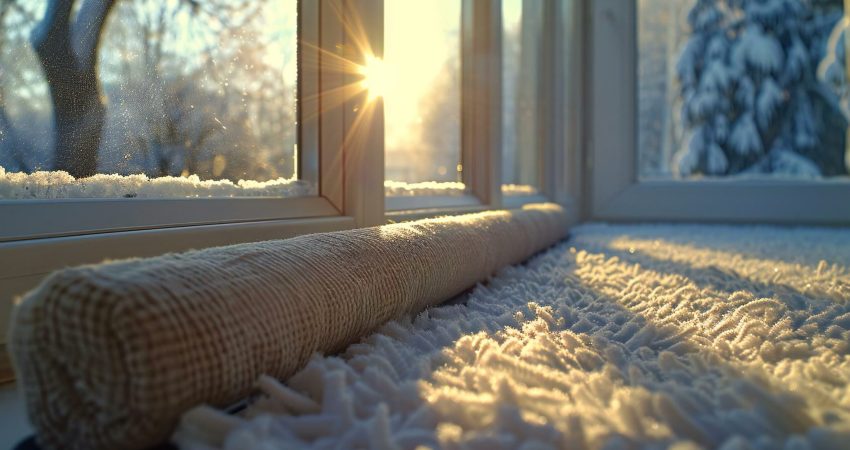 close-up photo of a fabric draft excluder placed under a window, blocking cold air from traveling into a room during winter.