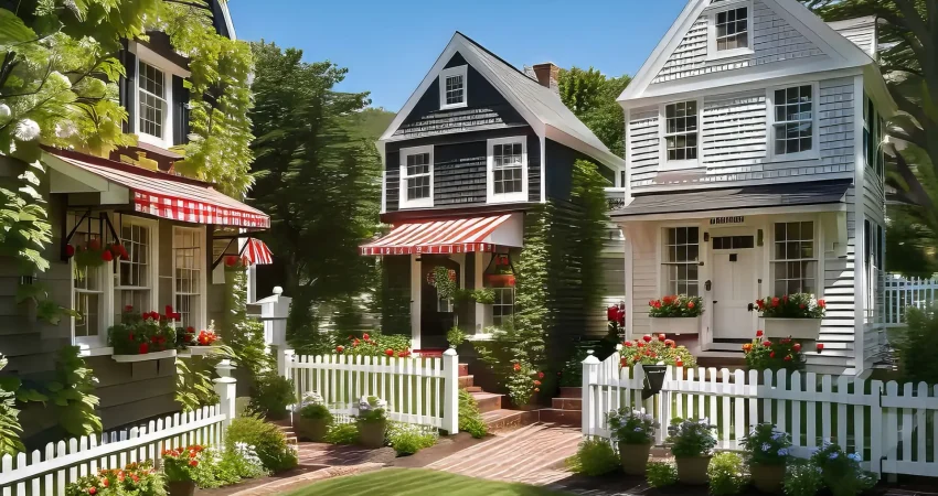 Charming New England style cottages with white picket fences, red and white striped awnings, and colorful flower gardens.