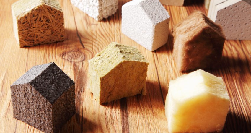 Close up Various Scattered Blocks of insulation Model Hous in Different Standing on Top of the Wooden Table