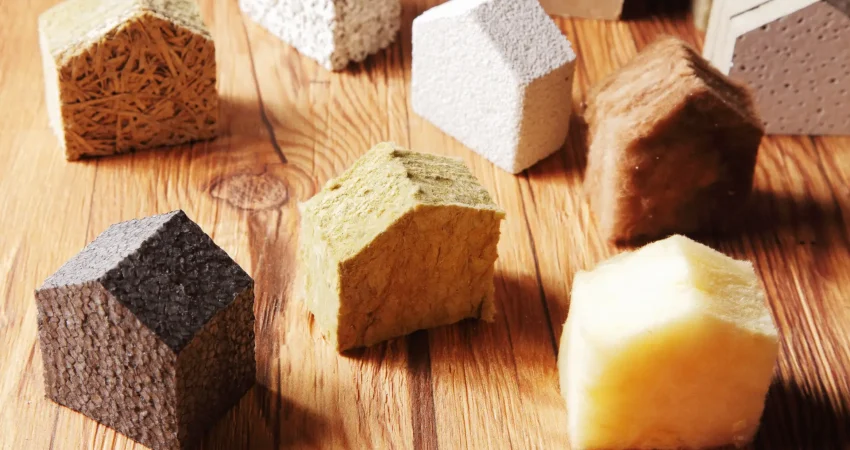 Close up Various Scattered Blocks of insulation Model Hous in Different Standing on Top of the Wooden Table