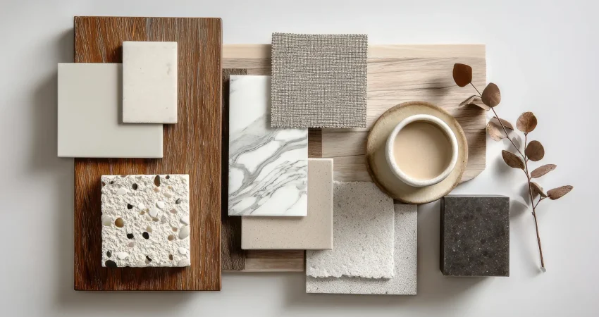 Flat lay interior design mood board featuring marble, wood, terrazzo swatches, beige fabric, and a ceramic coffee cup.