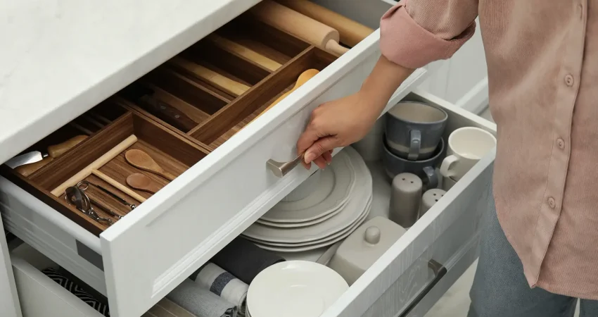 Woman opening drawers of kitchen cabinet with different dishware and utensils, closeup