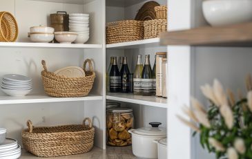 stylish kitchen pantry with organized shelves and woven baskets chic storage solutions interior design photograph stylish kitchen pantry with organized shelves and woven baskets chic storage solutions interior design photograph