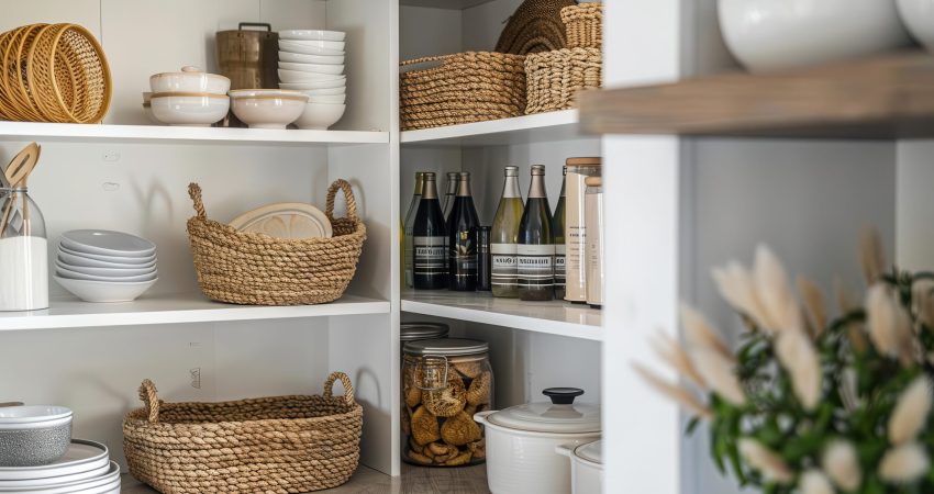 stylish kitchen pantry with organized shelves and woven baskets chic storage solutions interior design photograph