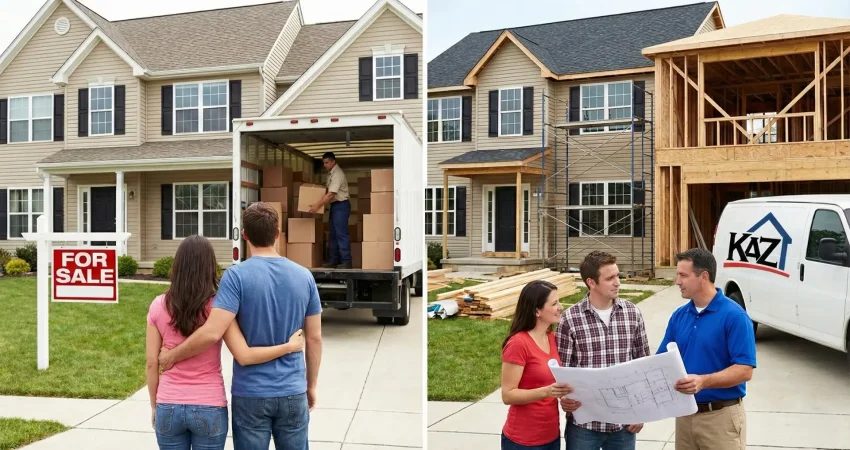 Side-by-side comparison of a couple moving into a house with a moving truck versus building a home addition with a contractor reviewing blueprints.