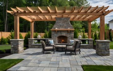 Large gray pergola on pavers with stone fireplace and waterfall Large gray pergola on pavers with stone fireplace and waterfall