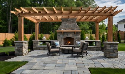 Large gray pergola on pavers with stone fireplace and waterfall