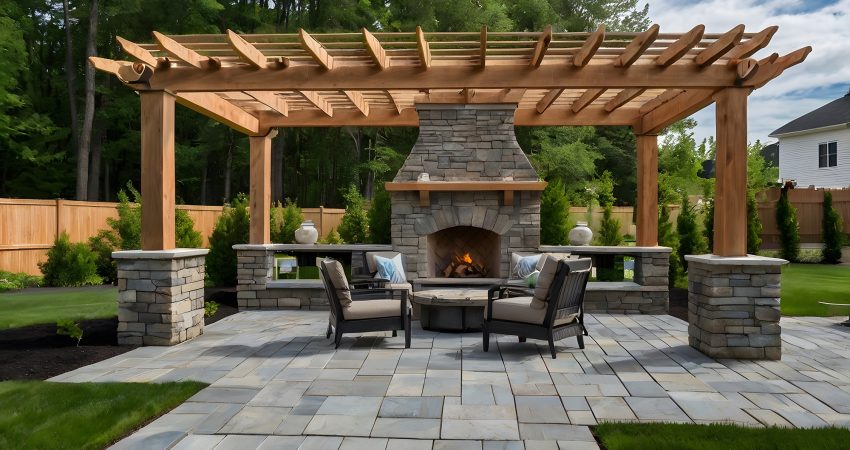 Large gray pergola on pavers with stone fireplace and waterfall