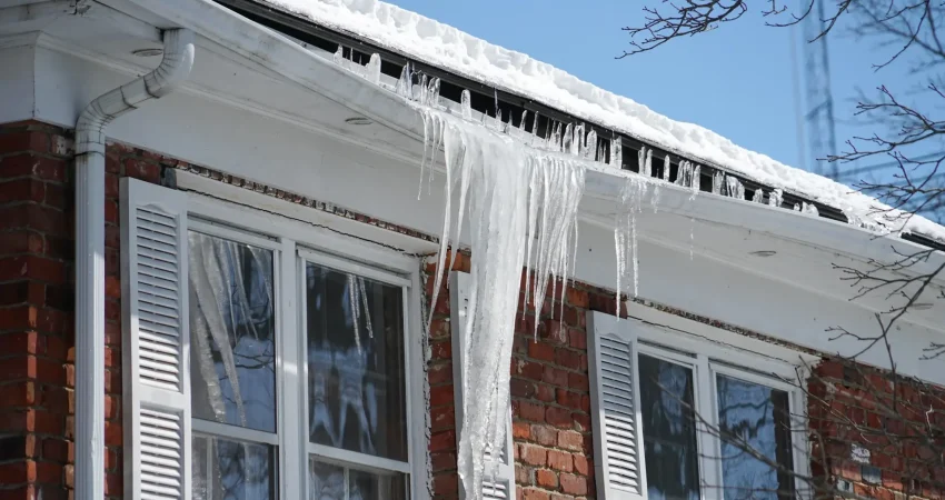 Large icicles and snow accumulation forming an ice dam on the roof gutter of a red brick house