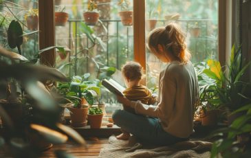 A woman reading a book to her child while sitting in a small corner nook