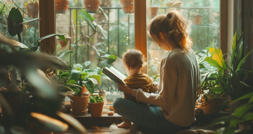 A woman reading a book to her child while sitting in a small corner nook