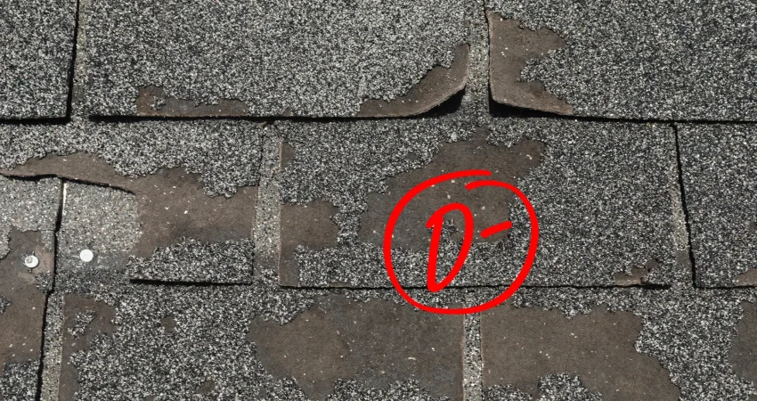 Severely damaged asphalt roof shingles with granule loss and a red circled D minus grade