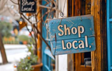 A closeup of a sign that reads "Shop Local" with a street lined with shops in the background