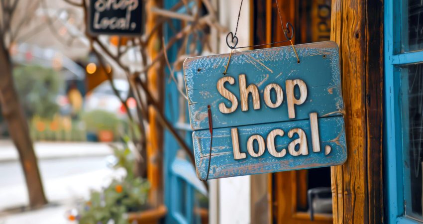 A closeup of a sign that reads "Shop Local" with a street lined with shops in the background