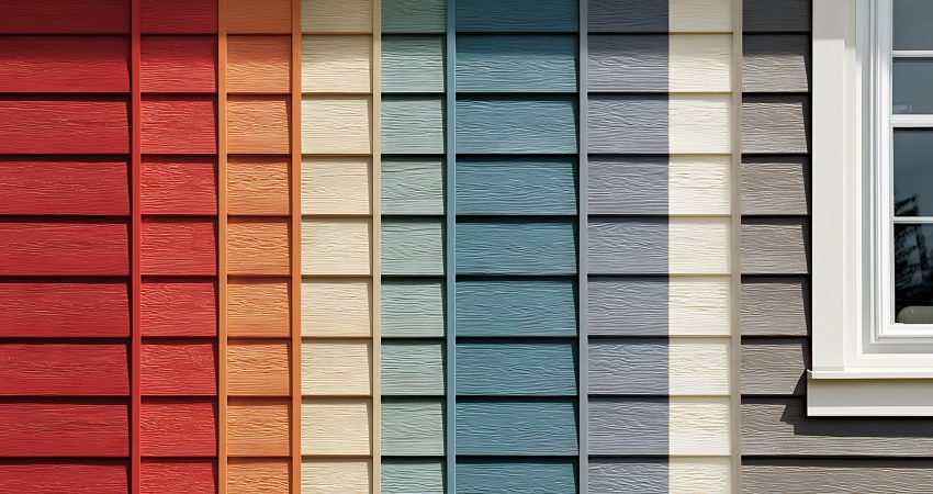 Various house siding colors are presented in a close-up showing potential exterior design choices with a white window frame offering texture inspiration for your home.