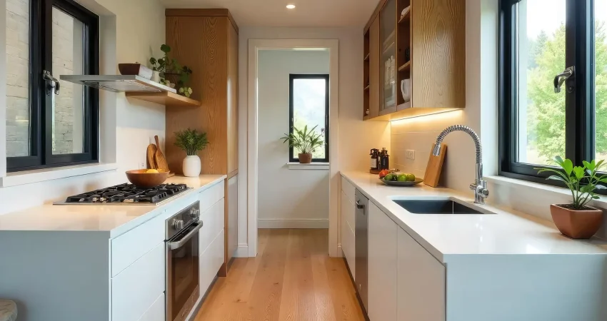 Modern galley kitchen with white countertops, wooden upper cabinets, stainless steel gas stove, and black-framed windows.