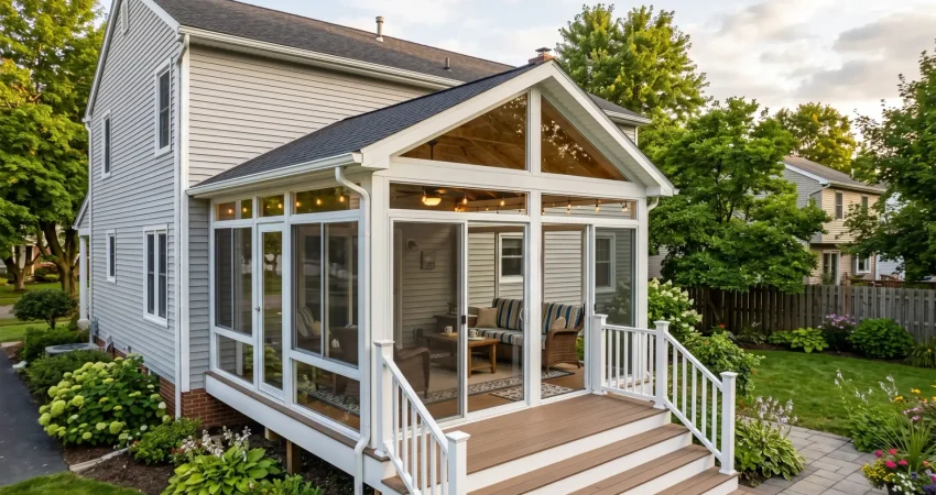 Modern custom sunroom addition with large glass windows and deck stairs attached to a light gray two-story house overlooking a lush garden