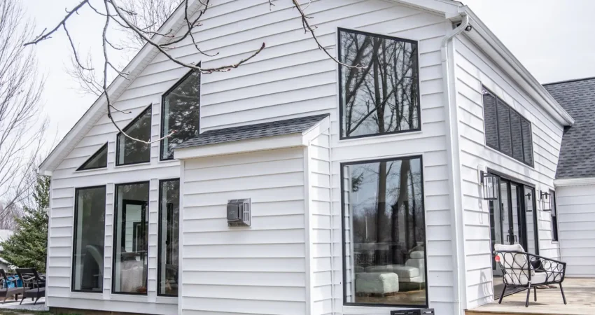 Exterior view of a home addition with large custom windows